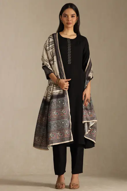 Black Silk Woven Design Suit Set With Zari